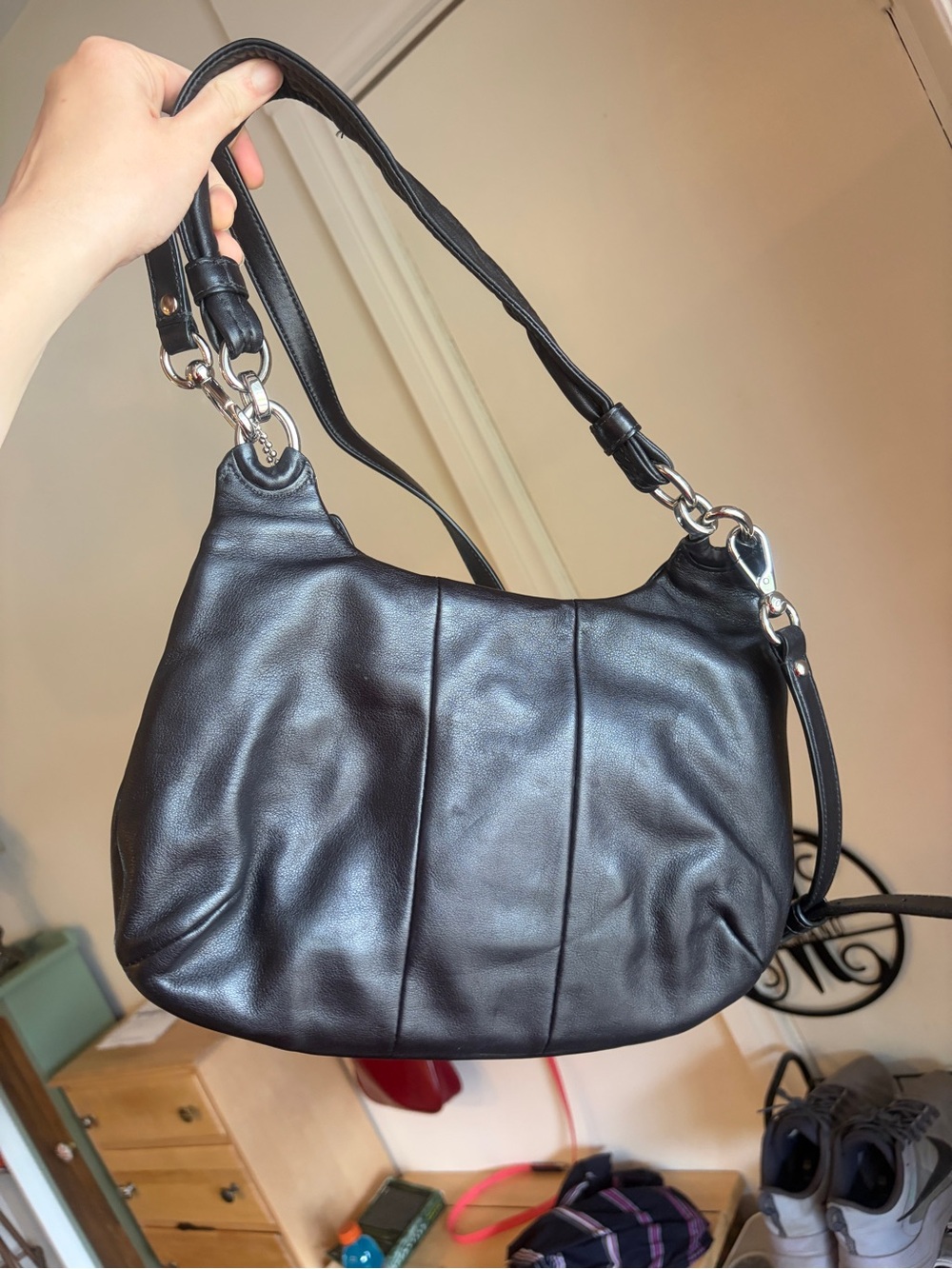 Coach Kristin Black Leather Shoulder Bag with Silver-Tone Clasp - Picture 9 of 16